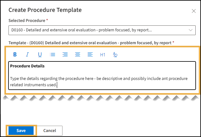 Create Procedure Template window with yellow highlight boxes around the Description textbox and the Save button.